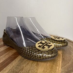 Tory Burch Reva Snake Skin Print Patent Leather Ballet Flats Logo Travel SZ 8.5